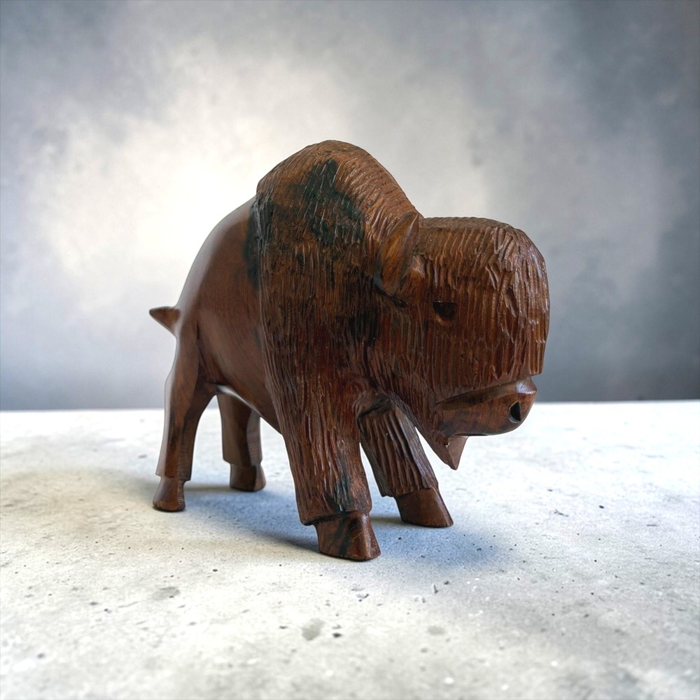 Hand Carved Solid‎ Wood Bison Figurine Rustic American Buffalo Sculpture 5.5"